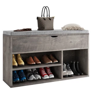 Shoe Bench With Padded Cushion, Shoe Storage Bench With 2 Tier Open Shoe Shelf - Picture 1 of 26
