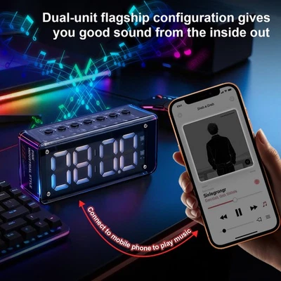 Wireless Bluetooth Stereo Speaker LED Alarm Clock Rechargeable USB-C Port TFCard - Image 1 of 4