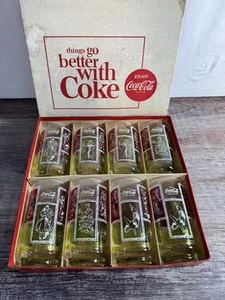 SELTENE COCA COLA SPORT TRINKGLÄSER 1962 SET 8 DINGE GEHEN BESSER MIT COKE. - Bild 1 von 13