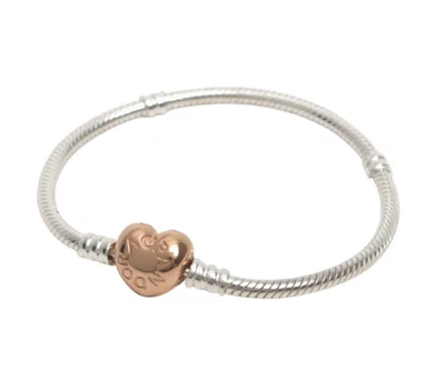 Bracciale Pandora Chiusura Cuore Catena Serpente Argento Oro Rosa 18 cm Donna... - Immagine 1 di 4