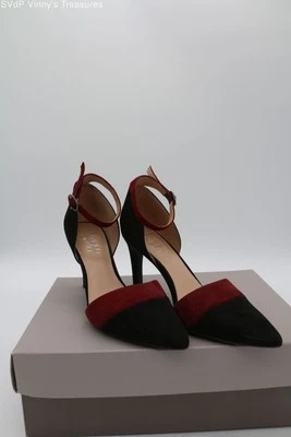 Franco Sarto Red & Black Suede Pointed Toe Ankle Strap Heels Women's Size 9 - Image 1 of 4