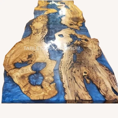 Live Edge Blue Resin Epoxy Dining Table Acacia Wood River Kitchen Slab Furniture - Image 1 of 4