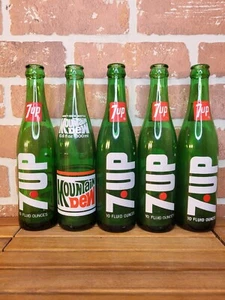 Lot Of FIVE Vintage Glass Soda Bottles Mountain Dew 7 Up Great Shape - Picture 1 of 3