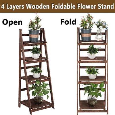4 Tier Wooden Outdoor Foldable Plant Shelf Flower Pot Holder Display Stand - Image 1 of 4