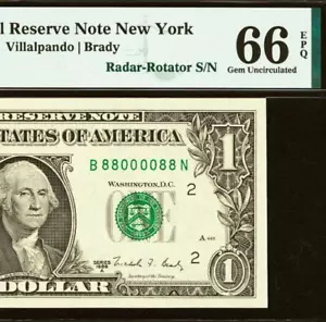1988A $1 FRN PMG 66EPQ - Top Pop - Finest Radar-Rotator Serial Number 88000088 - Picture 1 of 4