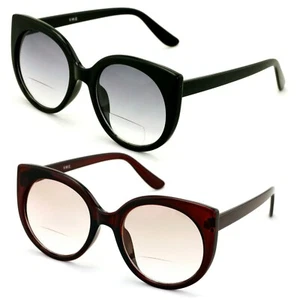 2 Pairs Women Bifocal Reading Sunglasses Reader Glasses Lightly Tinted Round Cat - Picture 1 of 3