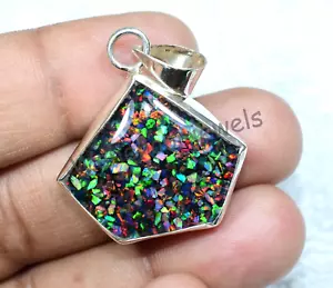 925 Pendente Argento Sterling Accensione Fuoco Nero Opale Bello Raro Ciondolo - Foto 1 di 8