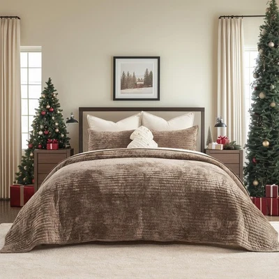 Juego de edredón de terciopelo tamaño king, lujoso juego de cama de canal a rayas suaves, ligero... Foto 1 de 4