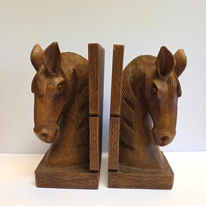 Juego de sujetalibros de caballo de madera maciza tallada a mano ecuestre vintage 10" - Imagen 1 de 11