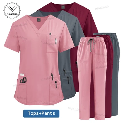 Stretch Medical Nurse Scrub Uniform Women Scrub Set V-Neck Top Jogger Pants - Image 1 of 4