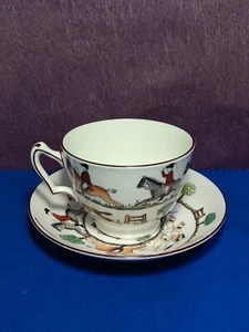 BONE CHINA CROWN STAFFORDSHIRE HUNTING SCENE FOOTED CUP SAUCER - Picture 1 of 8