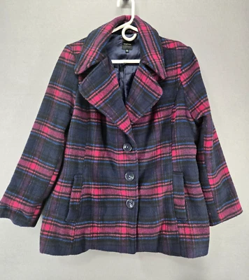 Abrigo marca Rampage Pea, XL, azul marino/púrpura/negro a cuadros, cierre de botones, bolsillos Foto 1 de 4