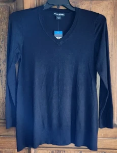 DKNY Jeans Black Viscose Blend V-Neck Long Sleeve Pullover Sweater Women's Large - Picture 1 of 5