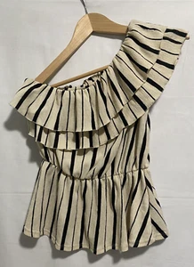 Maeve by Anthropologie Rita Ruffled Striped One Shoulder Shirt Size Small - Picture 1 of 7