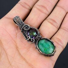 Lab-Created American Glass Emerald Gemstone Copper Wire Wrapped Handmade Pendant