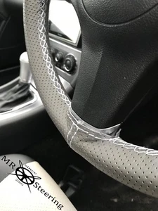 FITS SKODA FABIA 1 GREY PERFORATED LEATHER STEERING WHEEL COVER WHITE DOUBLE STT - Picture 1 of 5