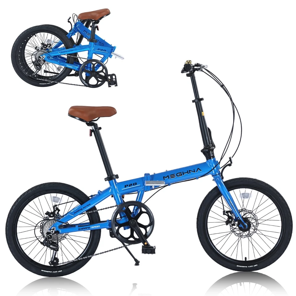 MEGHNA 20" Bicicleta de Ciudad Plegable 7 Velocidades Bicicleta Plegable, Cuadro de Aluminio, Azul Foto 1 de 4