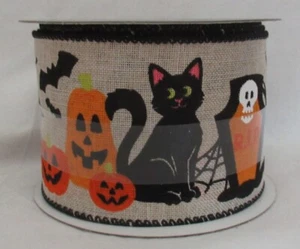 Celebrate It HALLOWEEN Holiday Indoor Craft Wire-Edged Ribbon Black Cat Pumpkins - Picture 1 of 5