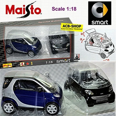 Smart Fortwo Coupe Smart 450 City-Coupe/Fortwo Blu + Nero 1:18 Maisto 31852 - Immagine 1 di 4