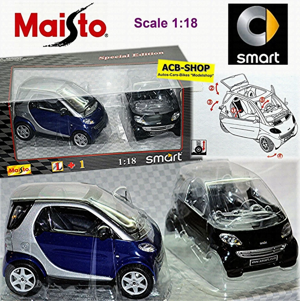 Smart Fortwo Coupe Smart 450 City-Coupe/Fortwo Blu + Nero 1:18 Maisto 31852 - Immagine 1 di 4