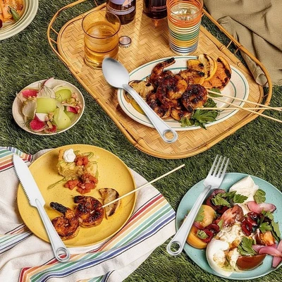 3 Piece Stainless Steel Cutlery Set for Camping Hiking Outdoor with Carabiner - Image 1 of 4