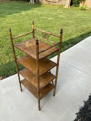 Antiguo Bambú Madera Metal Ornado Curiosidades 4 Estantes Estanterías Etagere De Colección Foto 1 de 4