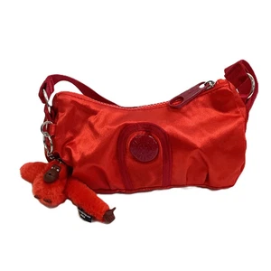 Kipling Desire Red Satin Saddle/Baguette Handbag with Nina Monkey - Picture 1 of 7