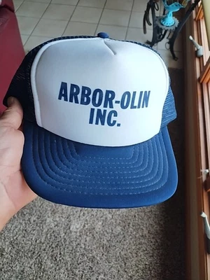 Vtg ARBOR-OLIN INC Trucker Hat Snapback Cap Mesh Blue White Arboriculture  - Image 1 of 4