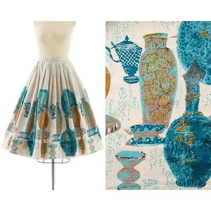 Vintage 1950s Skirt 50s Novelty Print Vase Pottery Border Print Cotton Swing - Picture 1 of 10