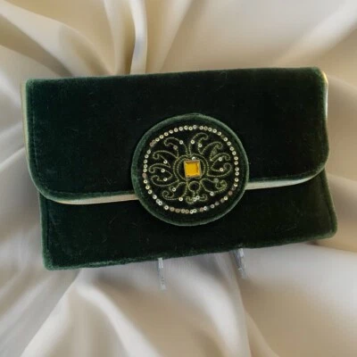 Velvet Dark Green Clutch Purse Sequin Jewel Cocktail Girls Night Holiday Party - Image 1 of 4