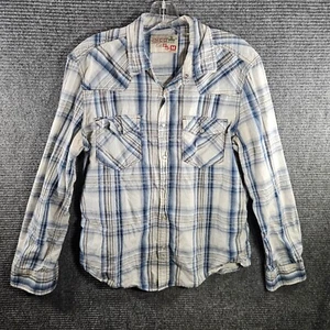 VTG JNCO Crown Brand Blue Gray Plaid Western Button Up Shirt Medium Pearl Snap - Picture 1 of 5