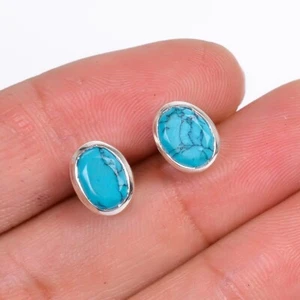 Simulated Blue Turquoise Stone 925 Sterling Silver Minimalist Stud Earring - Picture 1 of 3