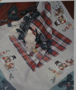 Christmas Tablecloth 36" x 36" Red Plaid Center Snowman Deer Stamped Embroidery - Picture 1 of 7