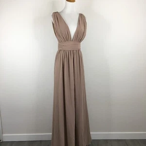 LULU'S Taupe/Stone Low V Neck & Back Chiffon Lined Gown Dress Womens sz Small - Picture 1 of 12