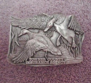1977 VINTAGE Bergamot PEWTER Belt BUCKLE Towner Insurance USA MADE Geese Ducks - Picture 1 of 10