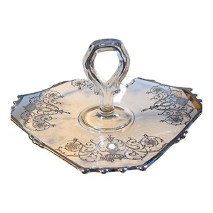 Silver Overlay Glass Handled Tray Depression Glass - Picture 1 of 4
