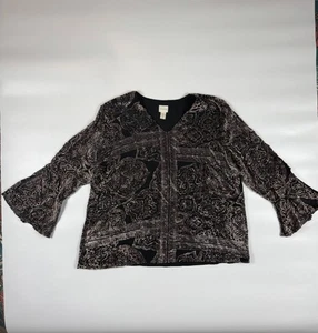 Chico's Velvet Blouse Top Women Size 3 Black Brown Geo Print Lined Flared Sleeve - Picture 1 of 10