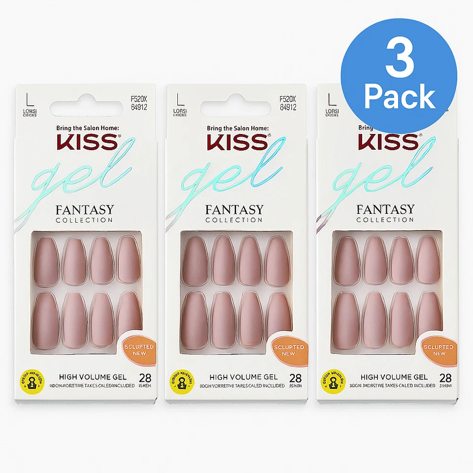 KISS Gel Fantasy Nails Sculpted Long 28 Count - 3 Pack - New - Image 1 of 1