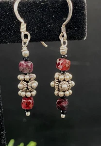 Artisan sterling Bali style faceted garnet dangle earrings - 1.5" - Picture 1 of 5