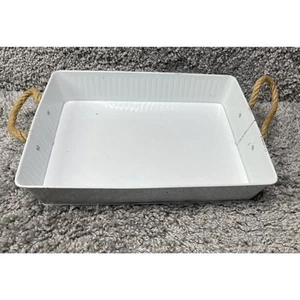 White Metal Serving Tray Rope Handle Farmhouse Rustic 12inX9inX3in Home Decor - Picture 1 of 12