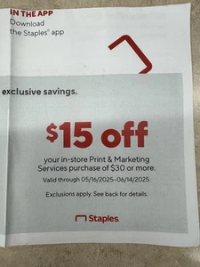 $15 Off $30 STAPLES Print and Marketing Services coupon (exp. 6/14/25) - Picture 1 of 2