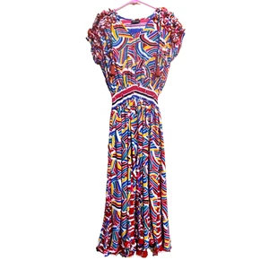 DIANE FREIS GOREGOUS DRESS VINTAGE  VIBANT RUFFLES PLEATES TASSELS CRISP SIZE 4 - Picture 1 of 10