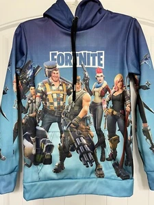 FORTNIGHT GAME BLUE PULLOVER HOODIE WITH CHARACTERS ON FRONT & BACK WITH POCKET - Picture 1 of 6