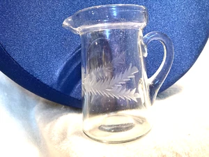 Etched Glass Flower & Fern Leaves Creamer 4 1/4" T x 2 3/4" W Clear Vintage - Picture 1 of 6