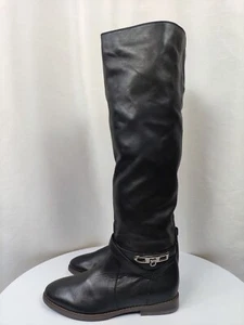 Wit Mooni Leather Boots Knee High Black Faux Fur Insole Low Flat Heel 36 - Picture 1 of 16