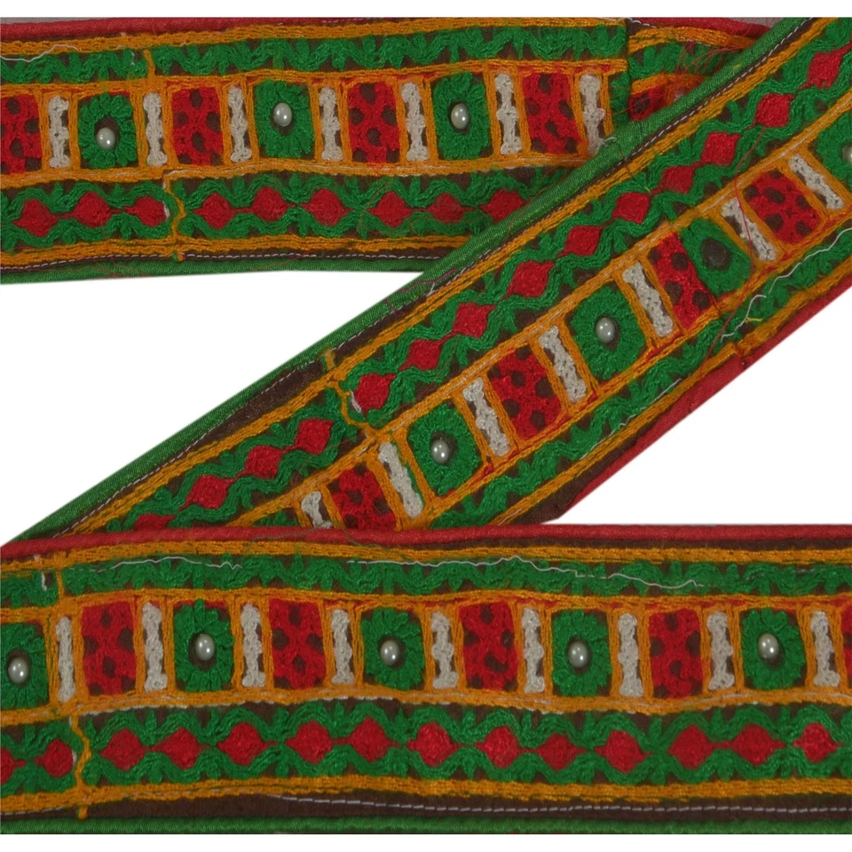 Sanskriti Vintage Sari Border Indian Craft Trim Hand Beaded Sewing 1 Yard Lace Foto 1 de 4