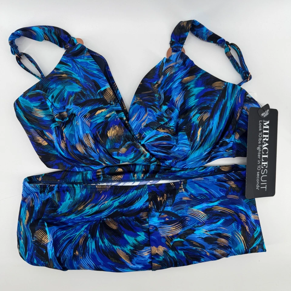 Miraclesuit Norma Jean Blue Multi Print Plunge Bra High Waist Swimsuit Set - Image 1 of 4