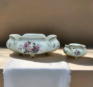 Vtg H&K Pink Floral Powder Blue Porcelain Footed Bowl W/ Candle Holder 22k Gold - Picture 1 of 6