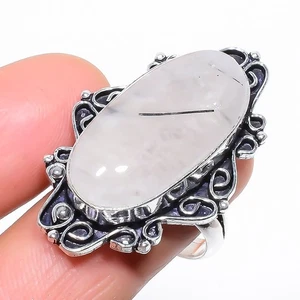 Anillo de plata de ley 925 con piedras preciosas de cuarzo rutilado negro natural tamaño 9,5 l903 - Imagen 1 de 6