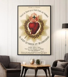 Jesus Sacred Heart Canvas/Poster Wall Art- Vintage Catholic Art Framed - Picture 1 of 10